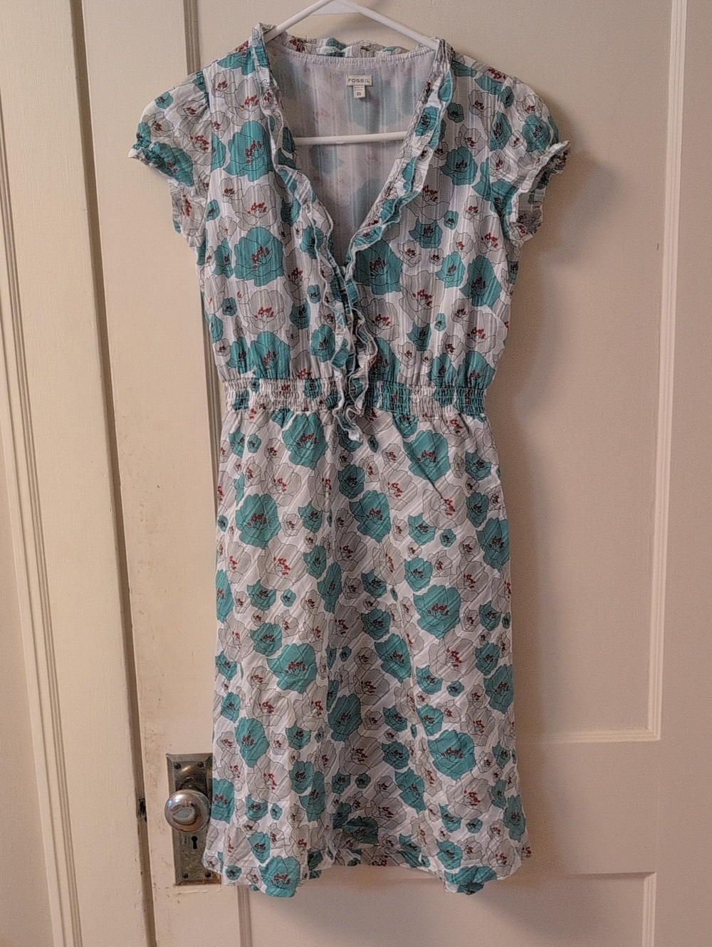 Fossil White Dress with Teal Floral Print and Ruffle V-Neck